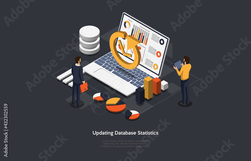 Illustration On Dark Background. Updating Database Statistics Concept. Isometric Vector Composition In Cartoon 3D Style With Objects And Text. People Near Laptop With Charts And Infographic Elements