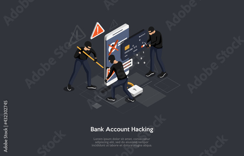 Conceptual Illustration On Personal Bank Account Hacking Idea. Characters, Elements And Writing. 3D Composition In Cartoon Style. Isometric Vector Design. Thieves Trying To Crack Phone And Get Card