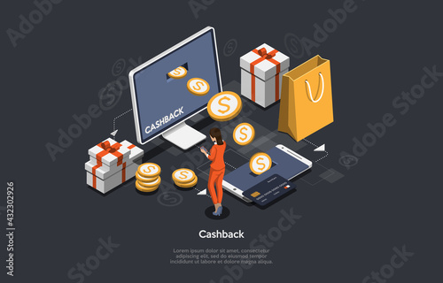 Isometric 3D Vector Illustration On Dark Background With Writing. Cartoon Composition, Cashback And Online Money Return Concept. Woman Standing Near Computer Screen With Coins Going To Smartphone