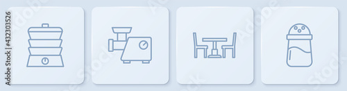 Set line Slow cooker, Wooden table with chair, Kitchen meat grinder and Salt. White square button. Vector