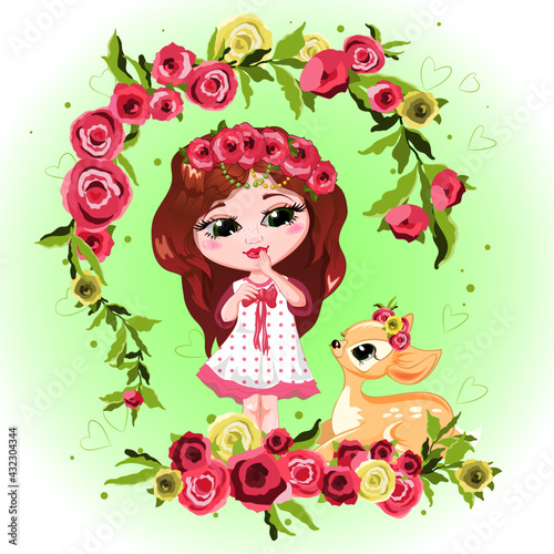 girl with flowers and pet deer