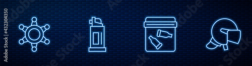 Set line Evidence bag with bullet, Hexagram sheriff, Pepper spray and Police helmet. Glowing neon icon on brick wall. Vector