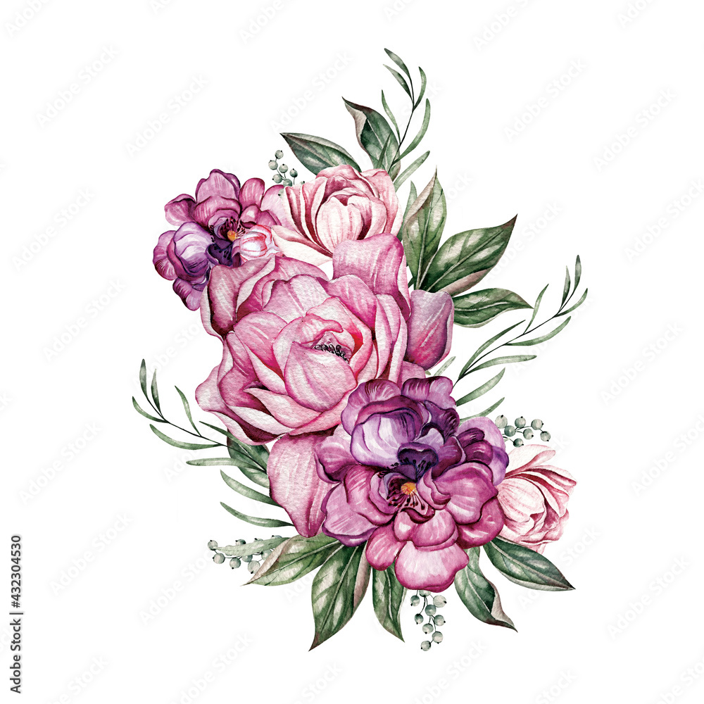 Watercolor bouquet with peony flowers, leaves and buds. Illustration