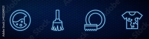 Set line Washing dishes, Washer, Feather broom and Dirty t-shirt. Glowing neon icon on brick wall. Vector