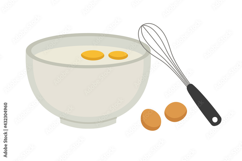 Vector illustration of a dough bowl, dough, eggs, whisk. Kneading dough. Hand-drawn set isolated on white background. Baking products. Suitable for illustrating cooking, recipes, healthy eating. Vector illustration of a dough bowl, dough, eggs, whisk. Kneading dough. Hand-drawn set isolated on white background. Baking products. Suitable for illustrating cooking, recipes, healthy eating.