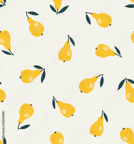Seamless pattern of pears isolated on beige background. Hand-drawn fruits in flat style. Concept of healthy eating, gardening, summertime. Suitable for web and print design. © Yelyzaveta