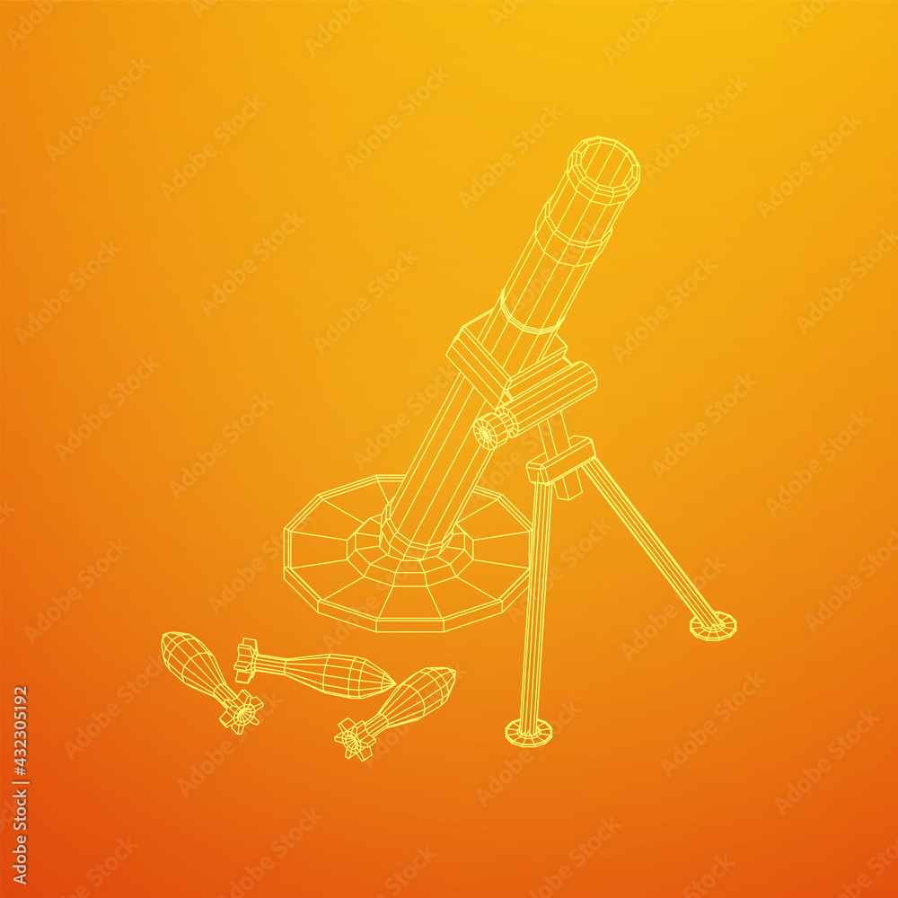 Firearm weapon army mortar and mine. Wireframe low poly mesh vector illustration