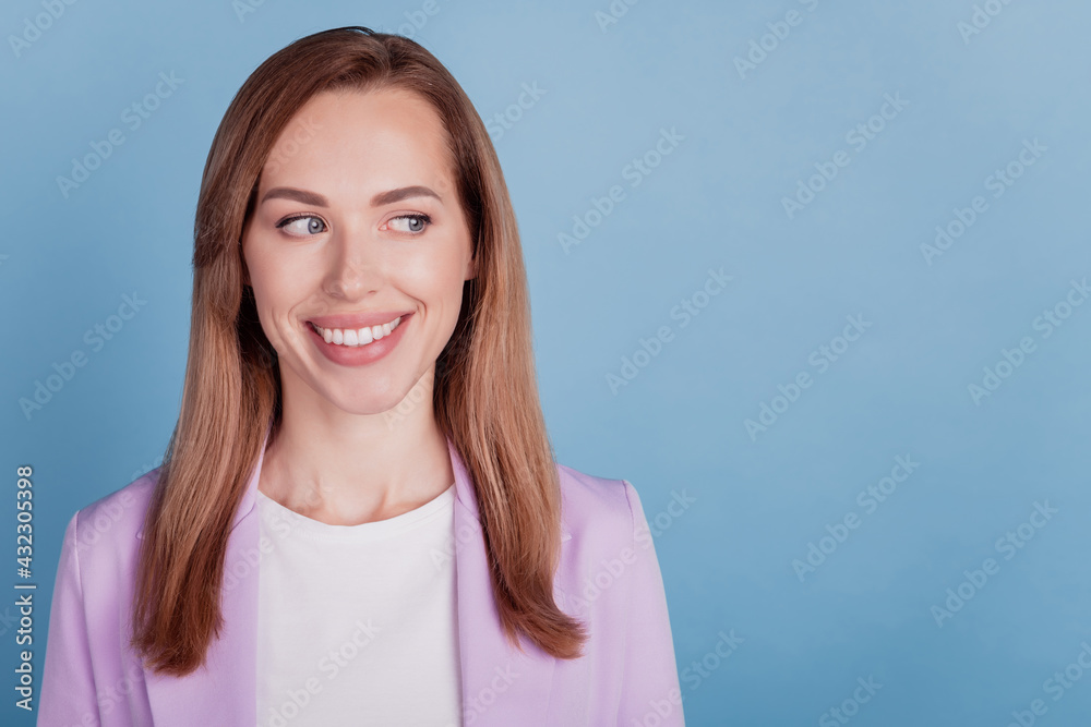 Close-up of a woman shiny white smile good mood look side empty space