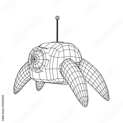 Spider robot with radar antenna. Nanobot, nanotechnology medical concept. Wireframe low poly mesh vector illustration