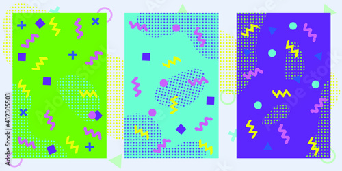 Set of abstract seamless patterns from geometric form in postmodern Memphis Style.