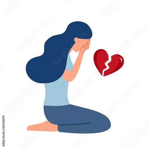 Broken heart woman crying sadly in flat design on white background. Depressed female cover her face and crying alone.