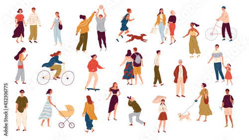 Lots of walking people, summer outdoor activities