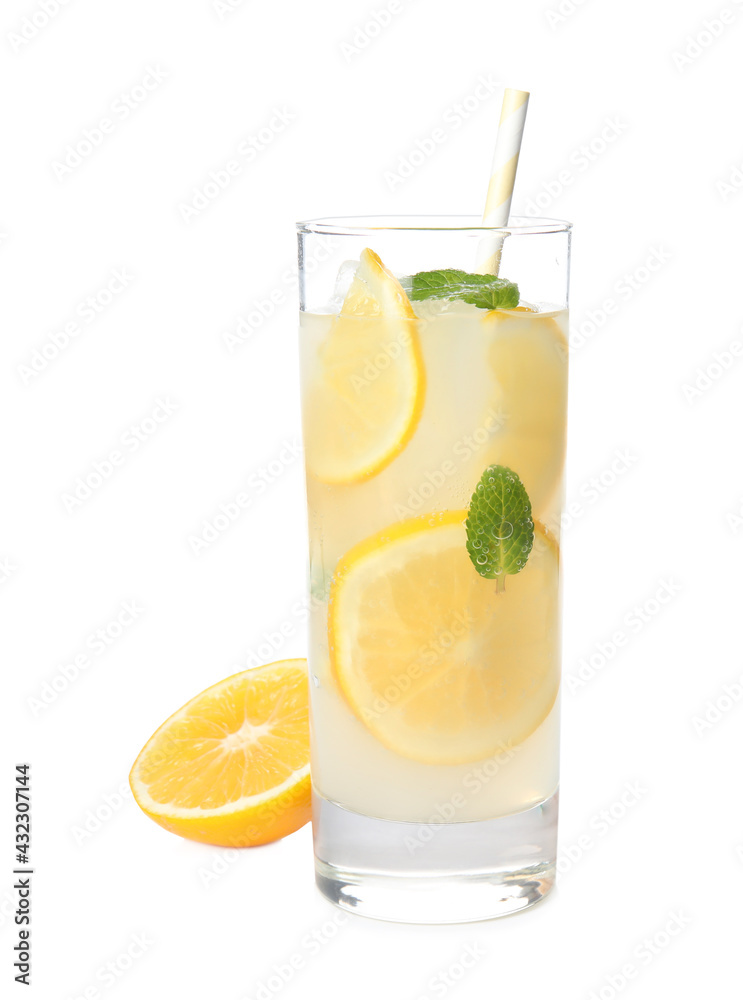 Cool freshly made lemonade in glass isolated on white Cool freshly made lemonade in glass isolated on white