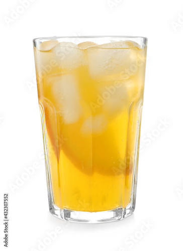 Delicious orange soda water on white background