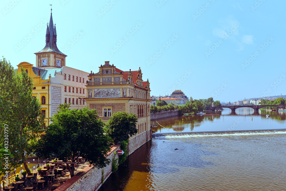 Czech Republic, Prague ,June 25,2016 :The Museum of Czech Composer Bedrich Smetana by the River Vltava, Prague, seen from the Charles Bridge. dedicated to the famous composer, 