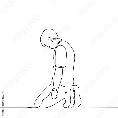 sad man is kneeling down on his head, his hands are hanging limply - one line drawing vector. the concept of devastation, depression, impotence, despair