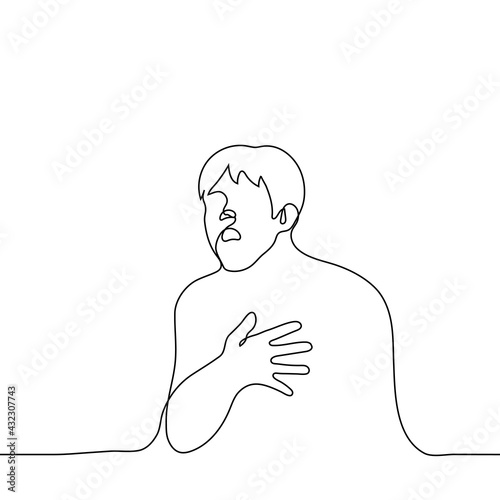 man at the moment of heart attack - one line drawing. the man grabbed his chest and opened his mouth wide. shock, panic, heart attack concept