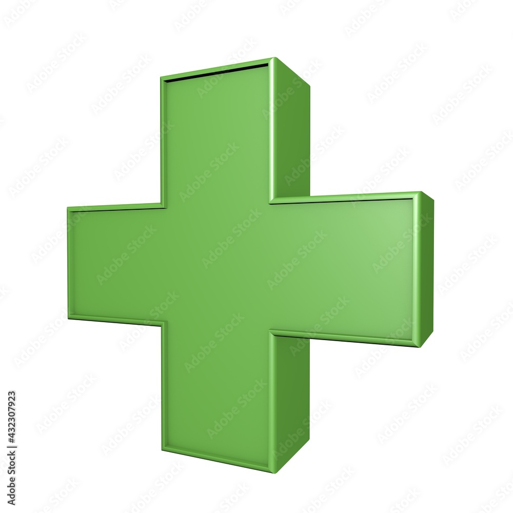 Green plus sign. Isolated. 3D rendering. Pharmacy sign. Green plus sign. Isolated. 3D rendering. Pharmacy sign.