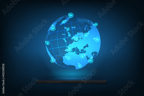 Vector smartphone with cloud of appication. Global network concept. Technology blue abstract background.