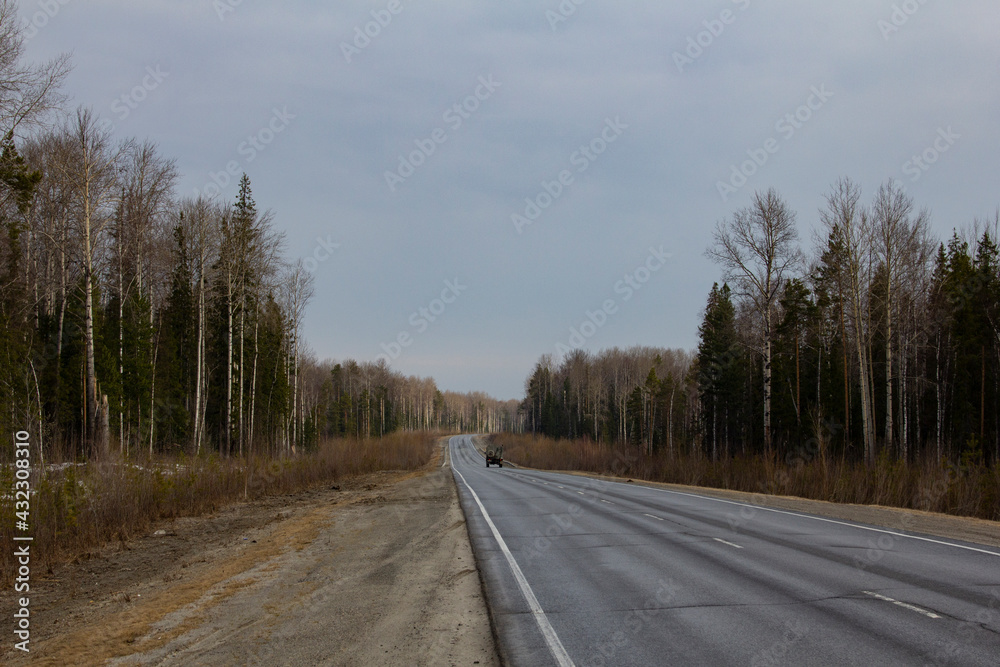 A straight track goes through the forest. An asphalt two-lane road in Siberia. A straight track goes through the forest. An asphalt two-lane road in Siberia.
