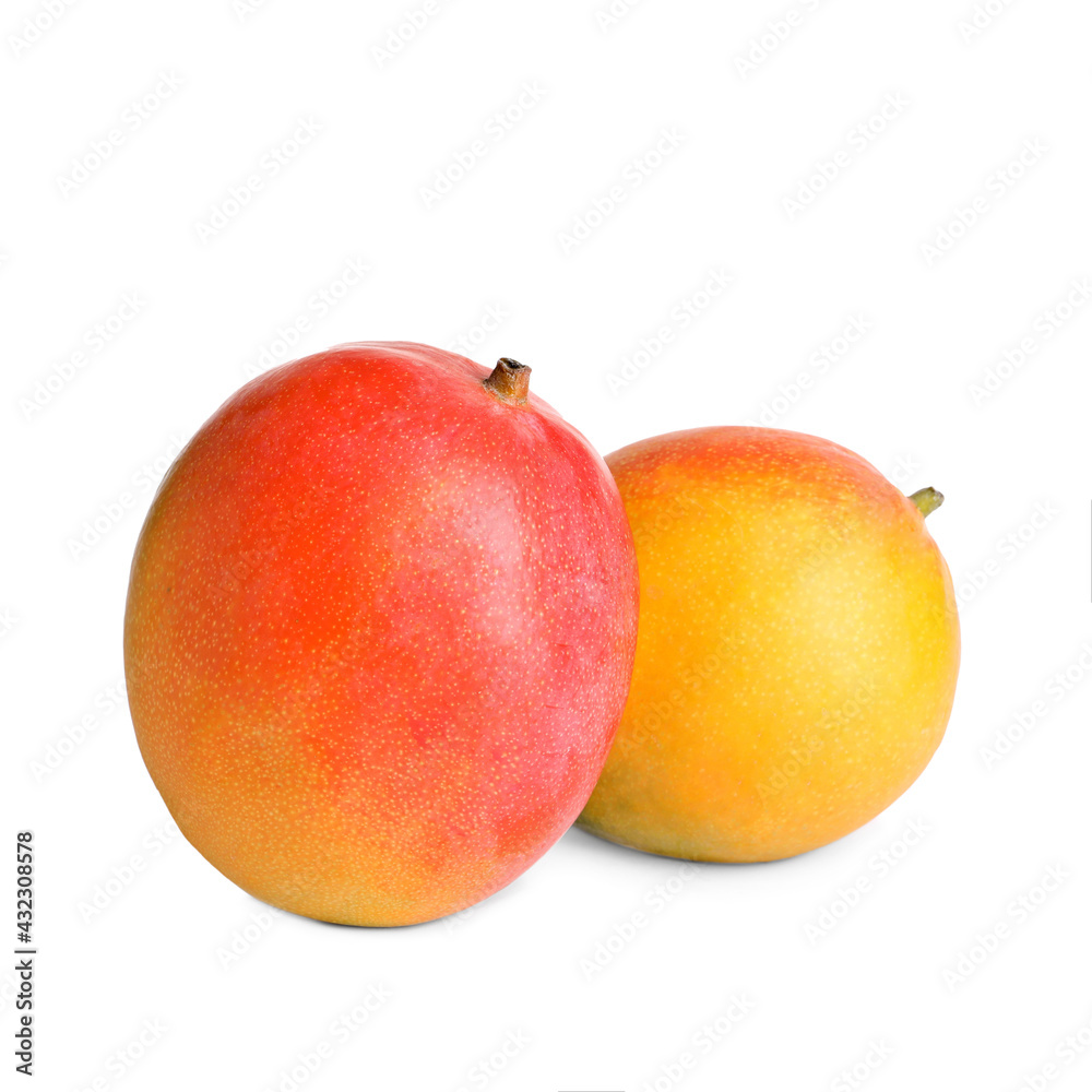Delicious ripe juicy mangoes on white background Delicious ripe juicy mangoes on white background