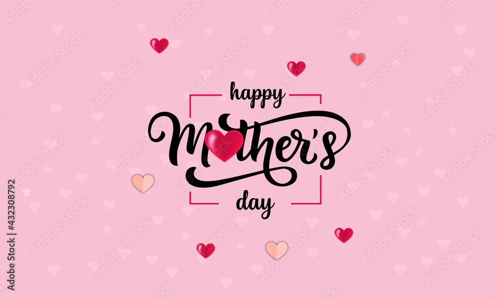 Happy Mothers Day banner. Holiday background heart made of pink and red Origami Hearts on soft pink background Happy Mothers Day banner. Holiday background heart made of pink and red Origami Hearts on soft pink background