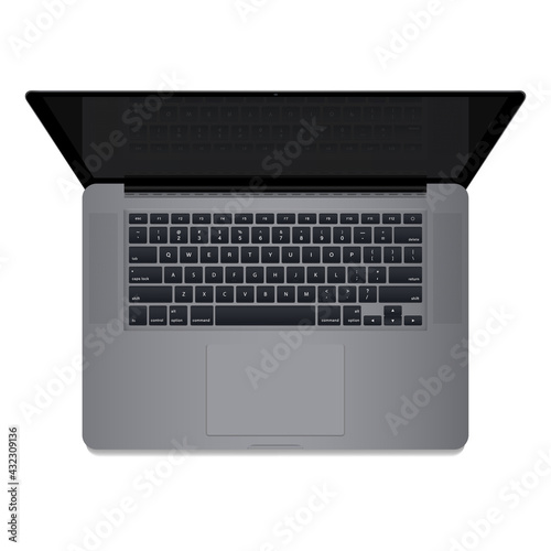 Realistic Space Gray Laptop Computer, Top down view, Keyboard, reflection on the screen. Laptop isolated on white background. Vector Illustration EPS 10