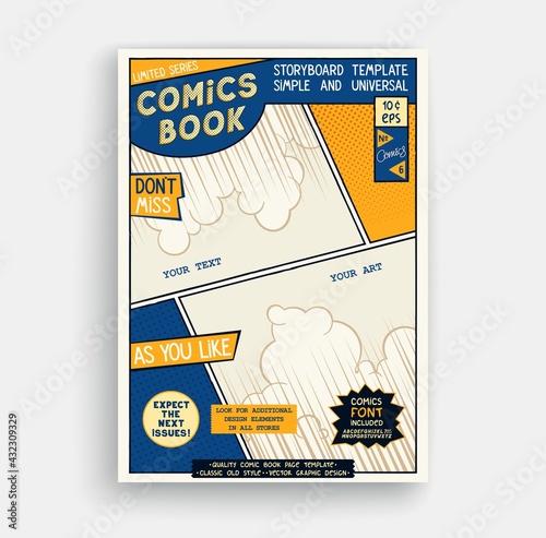 Comic book page template. Classic storyboard artwork. Comics magazine cover. Vector graphics