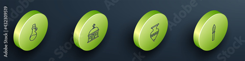 Set Isometric line Bottle of olive oil, Santorini building, Ancient amphorae and Medieval spear icon. Vector