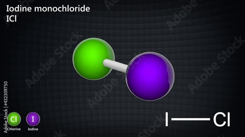 Iodine monochloride is an interhalogen compound with the formula ICl or ClI. 3D render. Seamless loop. Chemical structure model: Ball and Stick. photo