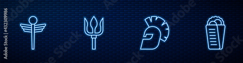 Set line Greek helmet, Caduceus snake medical, Neptune Trident and Gyros Pita. Glowing neon icon on brick wall. Vector