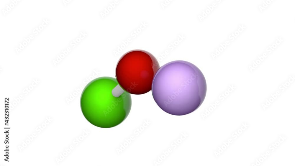 Lithium hypochlorite (Molecular formula LiClO or ClLiO). 3D render. Seamless loop. Chemical structure model: Ball and Stick. White background. Lithium hypochlorite (Molecular formula LiClO or ClLiO). 3D render. Seamless loop. Chemical structure model: Ball and Stick. White background.
