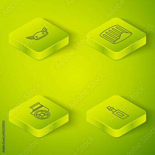 Set Isometric line Ancient column, chariot, Bottle of olive oil and Helmet with wings icon. Vector