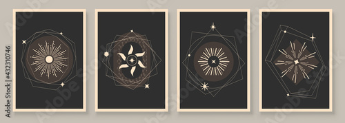 Abstract contemporary art with celestial geometry shapes. Esoteric mystical celestial stars sacred wall art. Wall decor painting. Minimalistic background design. Vector illustration.