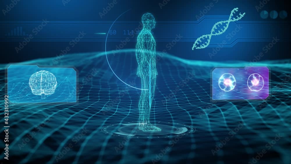 3D animation of low poly rotating male body and brain data analysis in blue background. Futuristic medical technology concept.