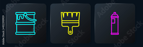 Set line Paint bucket, spray can and brush. Black square button. Vector