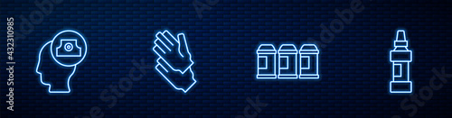 Set line Paint spray can, Spray nozzle cap, Rubber gloves and Marker pen. Glowing neon icon on brick wall. Vector
