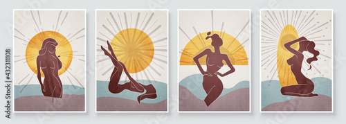 Abstract composition art with nude woman in sunrise or sunset. Earth tones colors wall art decor. Soft color painting boho style background. Minimalistic background design. Vector illustration.