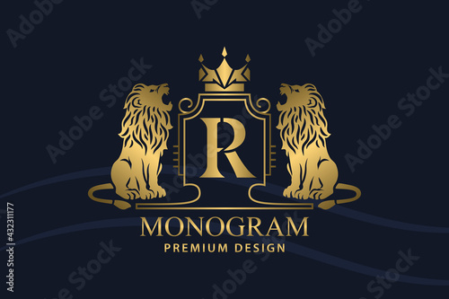 Golden Coat of Arms with Roaring Lions. Letter R. Art Design with Crown. Creative Logo with Royal Character. Vintage Emblem. Two Wild Animals. Luxury Style. Good for Brand Name. Vector Illustration