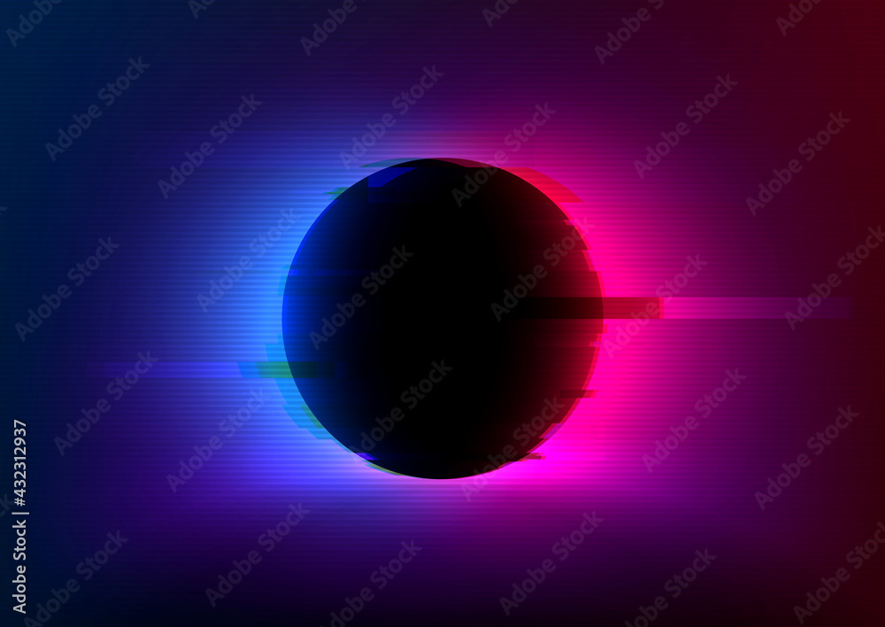 VHS glitch effect background with vivid neon blue pink light behind the black circle. Eclipse concept. Design of banner, poster for cybersport, and advertising