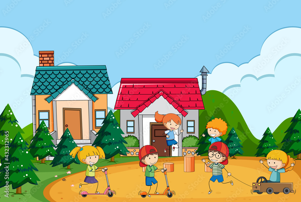 Outdoor park scene with many kids Outdoor park scene with many kids