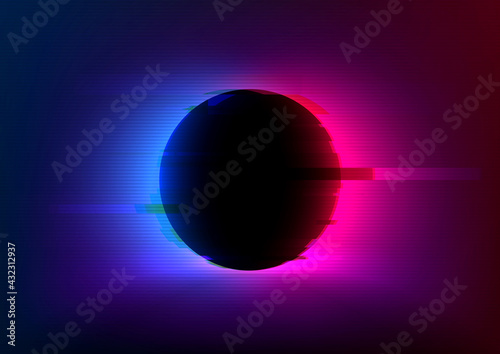 Print op canvas VHS glitch effect background with vivid neon blue pink light behind the black circle