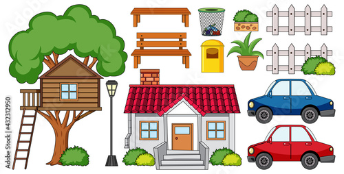 A house with outdoor decoration set isolated