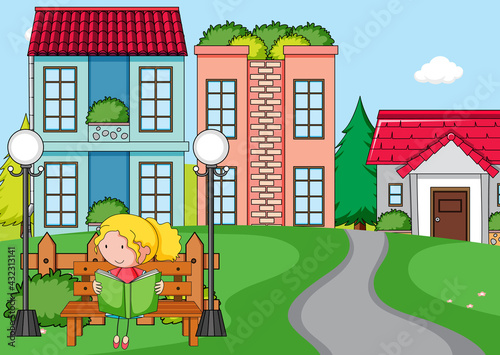 Front house scene with a girl reading book sitting on bench