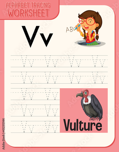 Alphabet tracing worksheet with letter and vocabulary