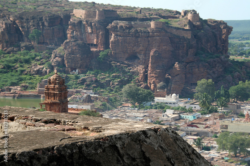 View of the southern hill having rock-cut caves in Badami, Karnataka, India, Asia photo