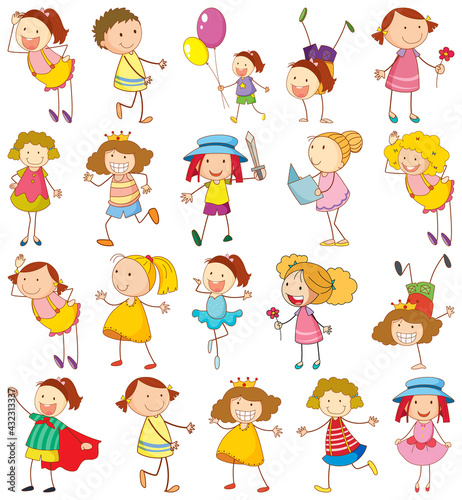 Set of different kids in doodle style