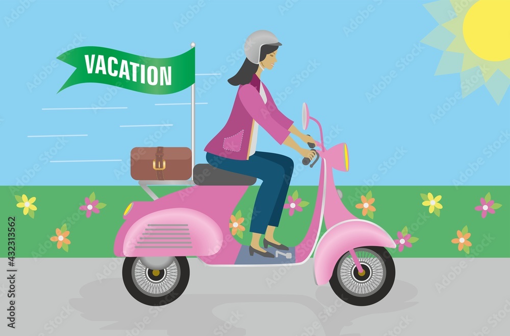 Cool woman on motorbike, mobed, motorcycle, scooter with luggage and flag with text vacation. Nice details on luggage and on jacket (gold zipper). Vector illustration. EPS10.
