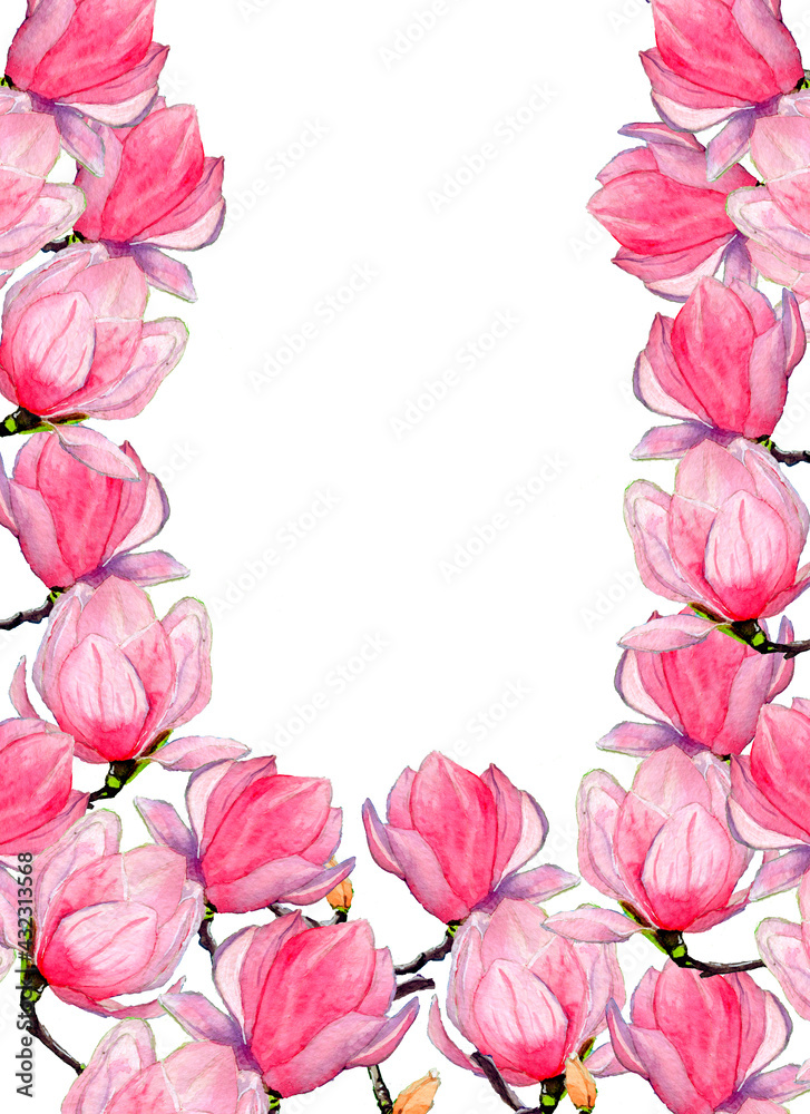 Magnolia hand drawn flowers watercolor frame design
