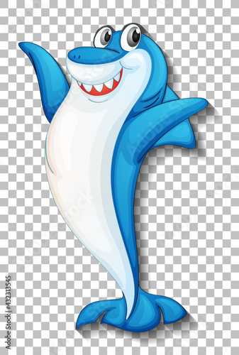 Smiling cute shark cartoon character isolated on transparent background